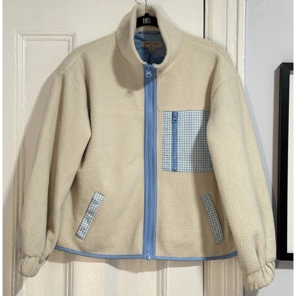 Sandy Liang Women's Zip Up Sherpa Fleece Gingham Size Small White